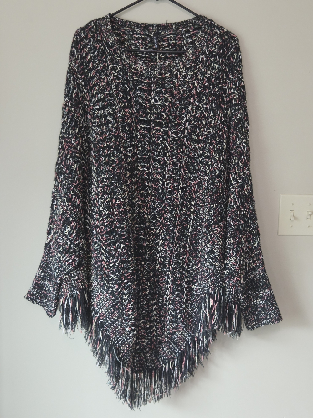Ethyl XXL Wool Blend Multicolor Fringe Poncho Sweater Boho